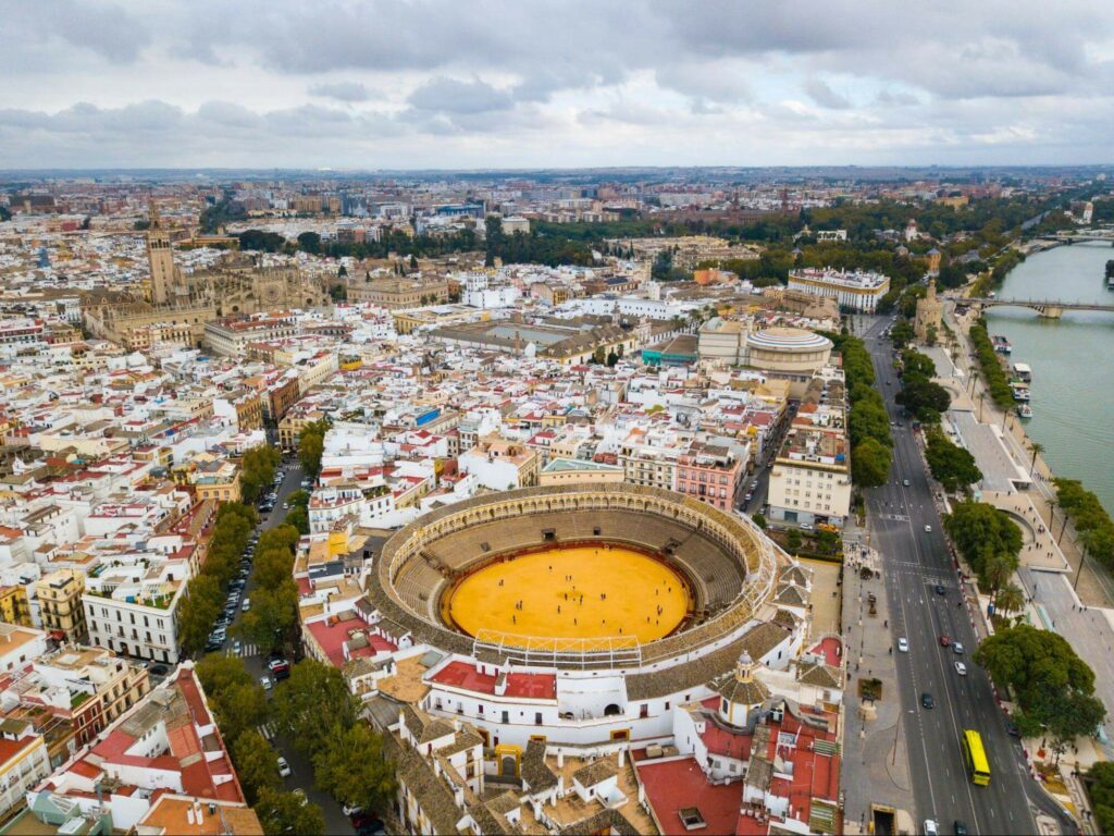 Aerial view of the Plaza de Toros and the surrounding area, Seville, Spain